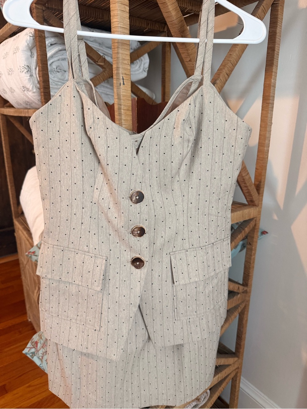 Maeve Beige Pinstripe Button-Front Sleeveless Jumpsuit